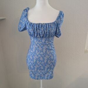Nasty Gal Blue Floral Puff Sleeve Mini Dress